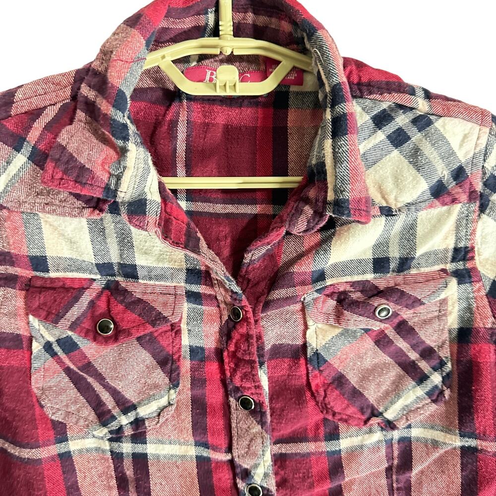 BTC Flannel Shirt S Burgundy Plaid Button Up Long Sleeves Rodeo Chore NUBBINESS